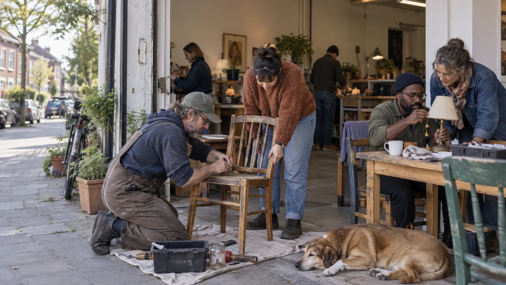 A wide street-level view of a modest neighborhood repair cafe where adults fix a chair and a small lamp together.