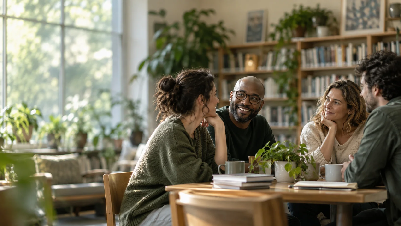 People sharing a conversation in a neighborhood library.