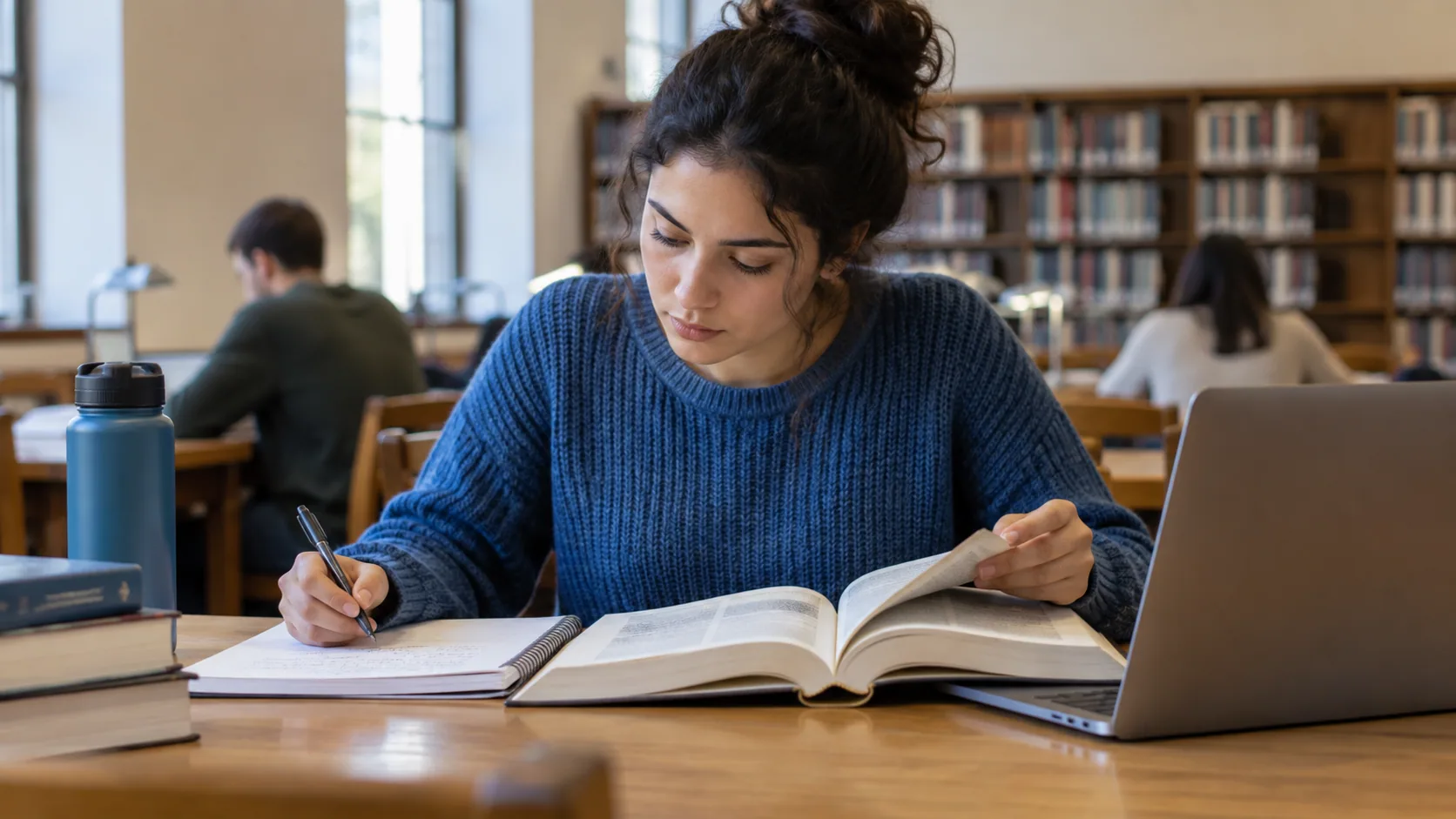 A close-up of a reader comparing a plain reference book with notes beside an unbranded laptop in a public library.