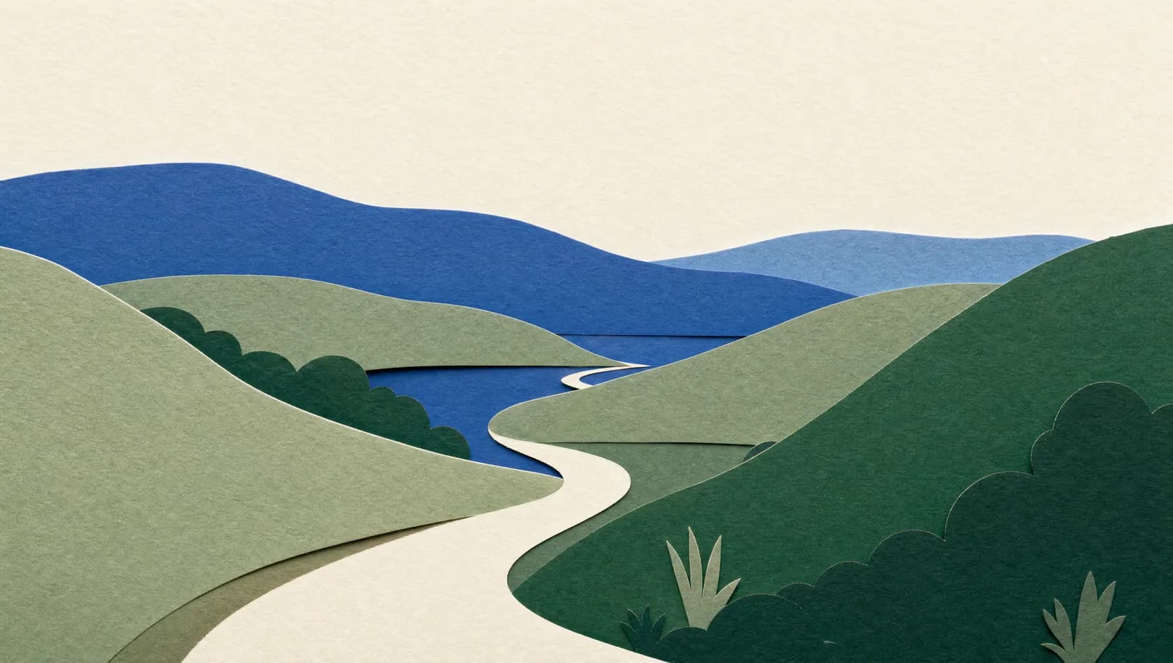 A paper-cut illustration: layered paper hills with a single winding cut path, cream, sage and deep blue, no figures.