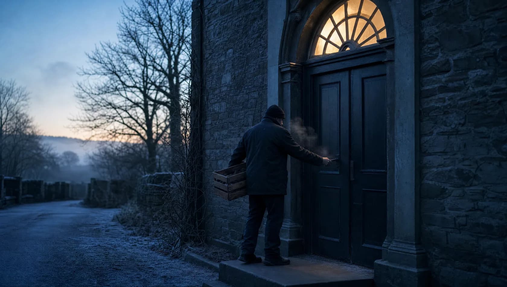 One person unlocking a hall door at first light with a crate under one arm, breath visible, cold blue with one lit fanlight above.