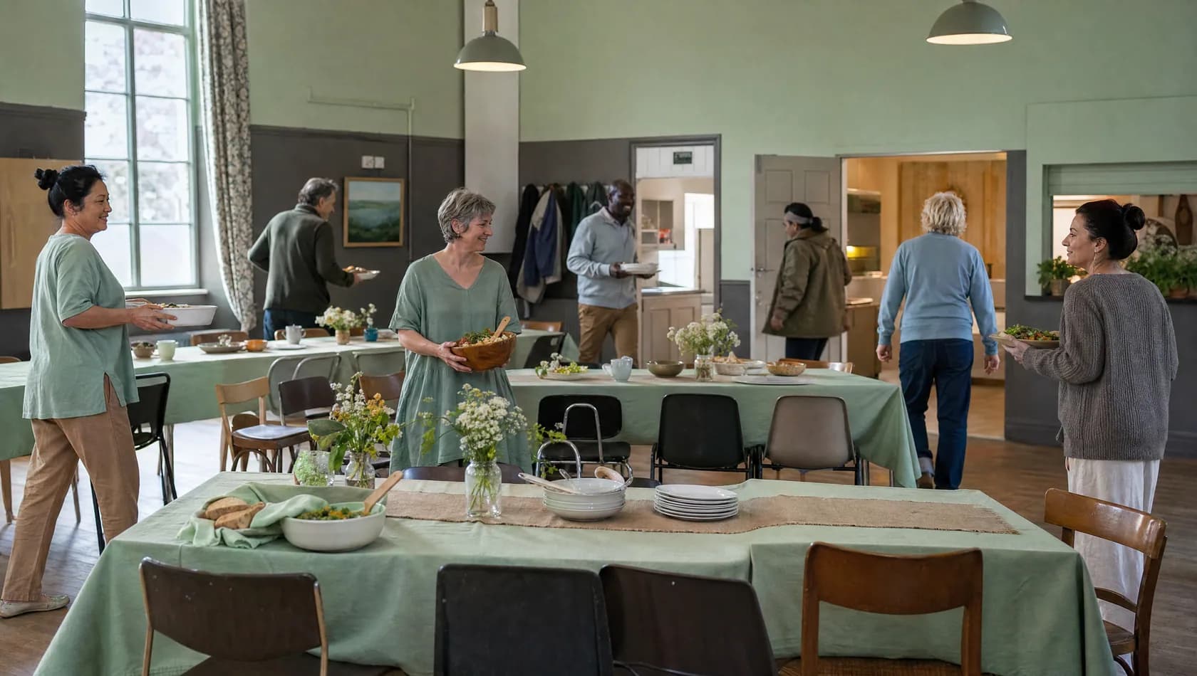 A community hall laid out for a shared meal with long tables and mismatched chairs, a few adults carrying dishes in, mixed daylight.
