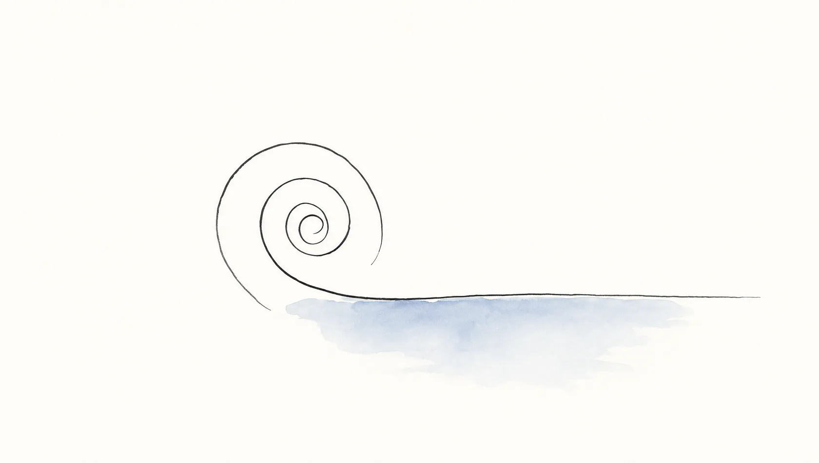 An ink-and-wash drawing: a loose spiral that opens out into a level line across the page, one pale blue wash beneath the open end.