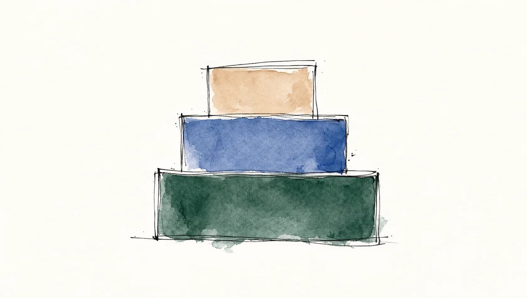 An ink-and-wash drawing: three loosely stacked rectangles of decreasing width on paper white, the smallest washed sand.