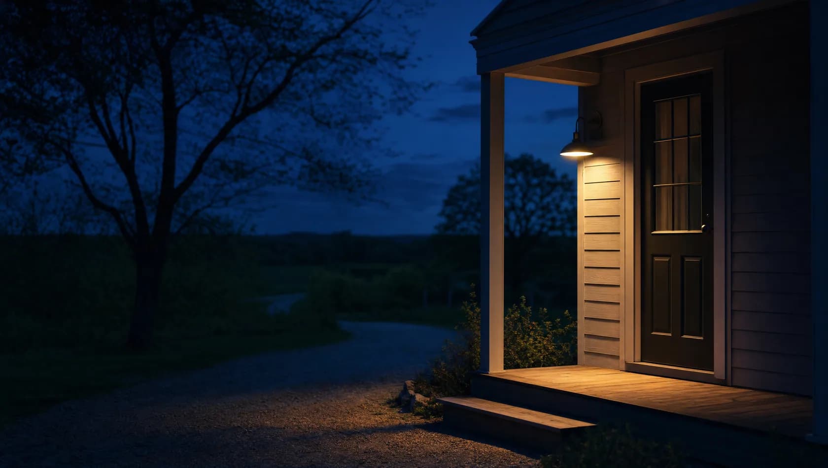 A porch light burning over an empty step at night with the door closed and the road beyond dark, nobody present.