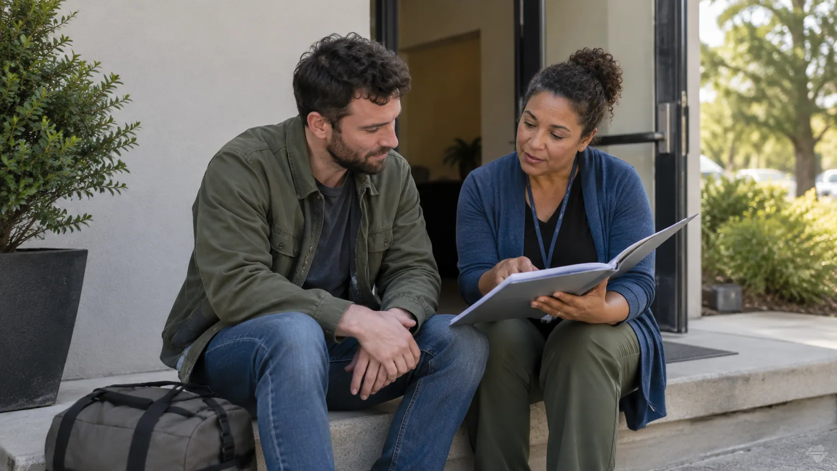 A person and a care coordinator reviewing an aftercare folder near the exit of an unbranded treatment building.