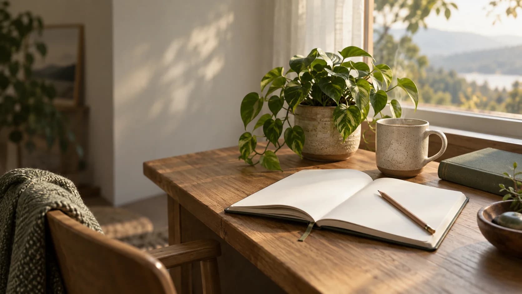 An open notebook and a book beside a sunlit window.