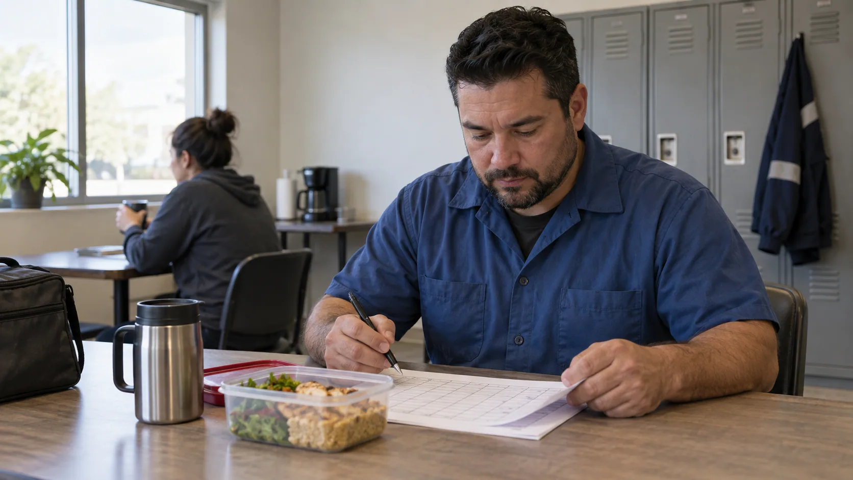 An adult warehouse worker in a plain blue work shirt preparing a weekly paper schedule beside a lunch container before a shift.