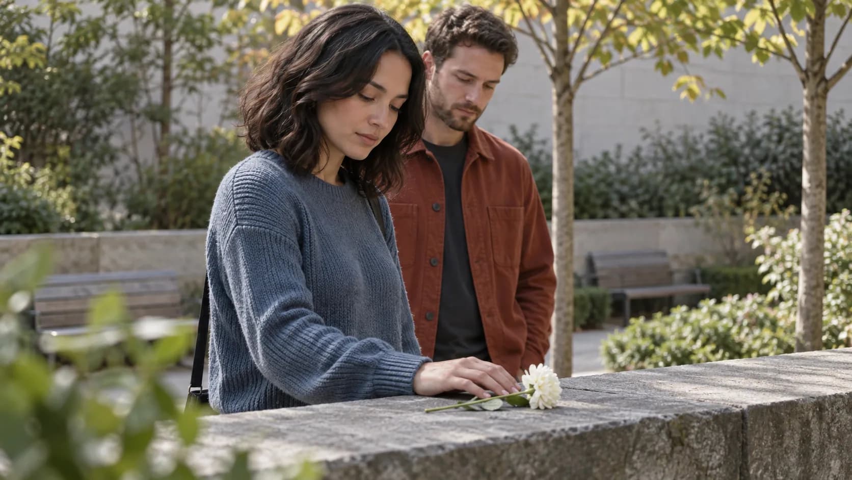 A single pale flower resting on a low stone wall in a quiet city memorial garden.