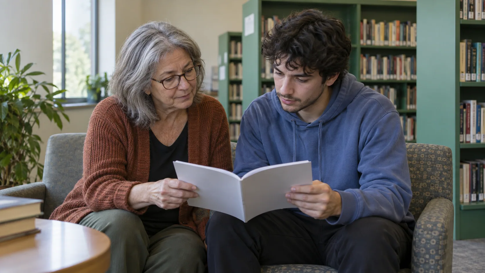 An older woman and a young adult reading a plain information booklet together in a public library alcove.