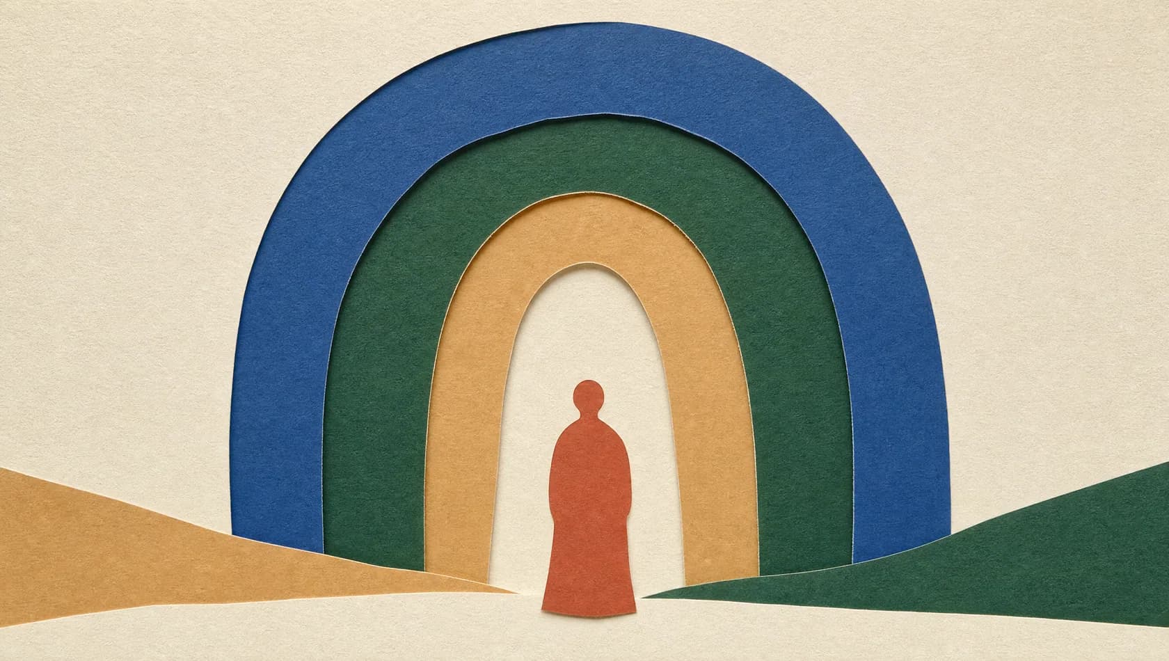 A paper-cut illustration: three overlapping paper arches of different heights on a cream ground with one simplified figure shape at the centre.