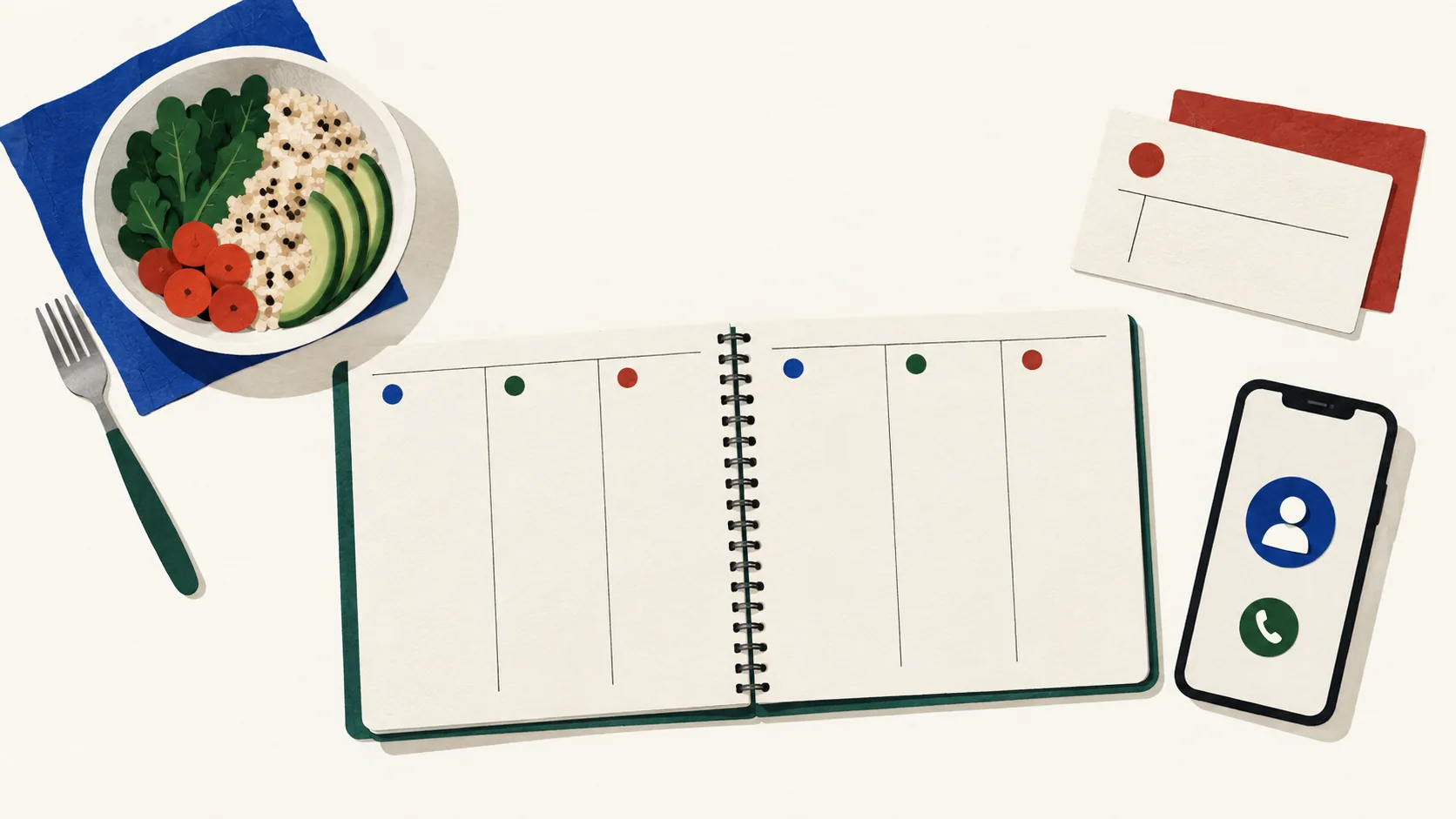 A lightly filled weekly notebook beside a meal, appointment card and phone.
