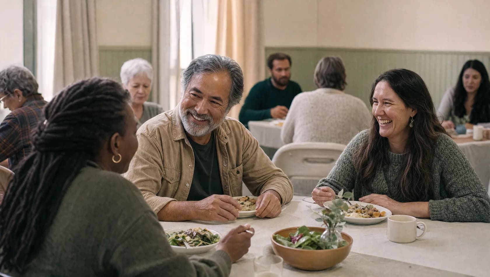 Adults talking over food at a casual evening gathering in a community room.