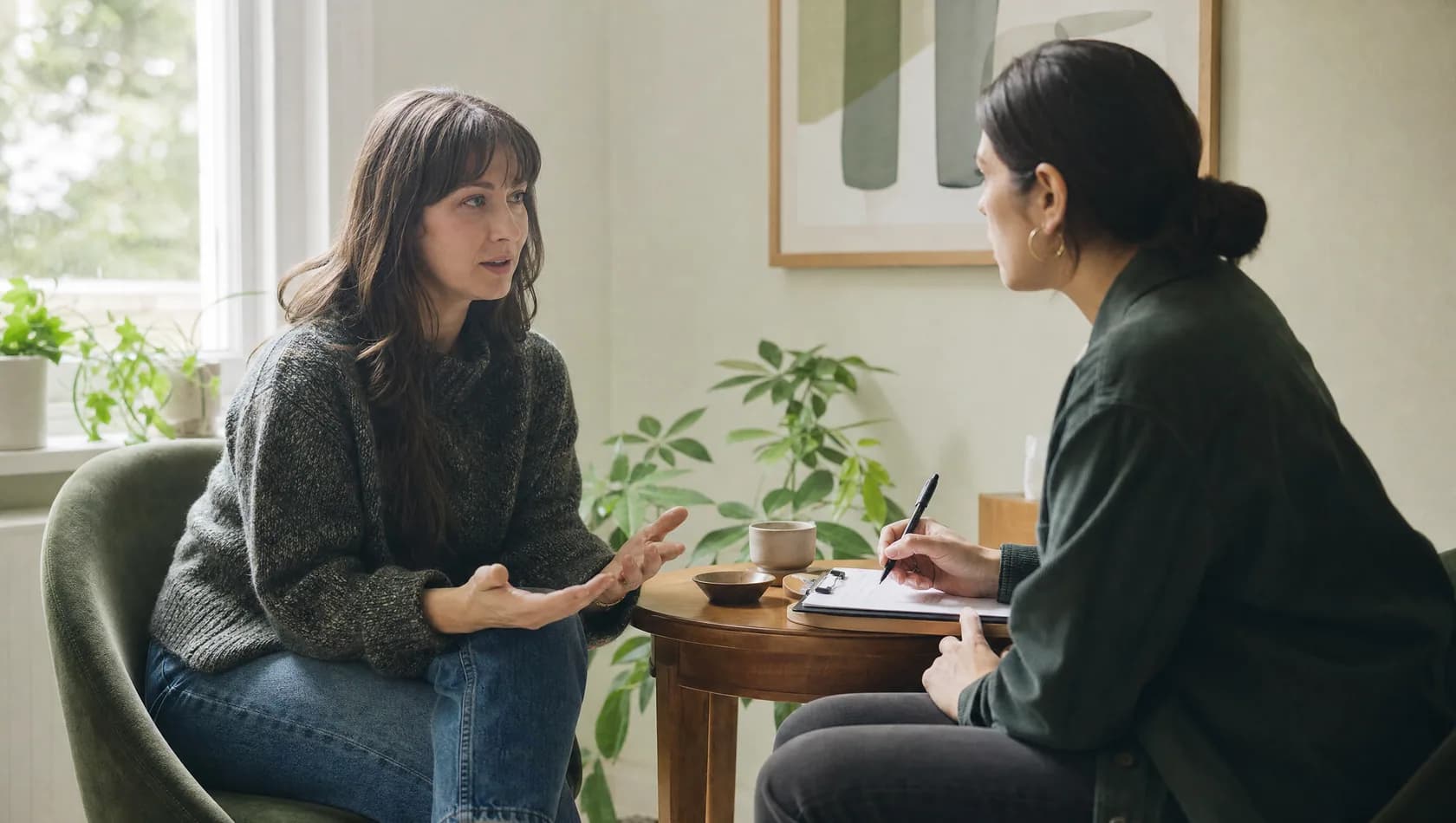A clinician taking notes while an adult answers questions in a consultation room.