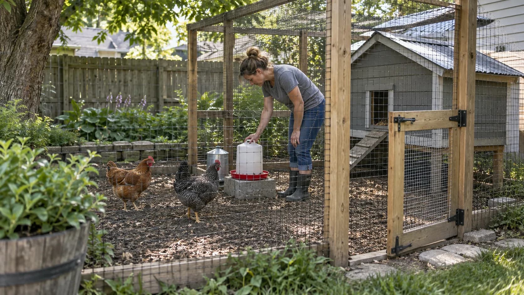 An adult checking the water in a small backyard chicken enclosure.