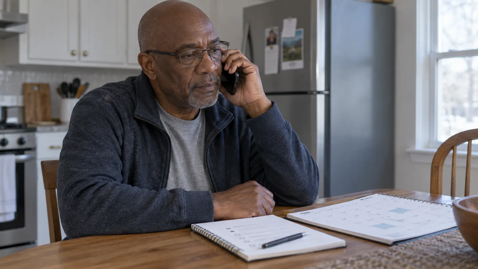 An older adult making an information call with a question list and calendar nearby.