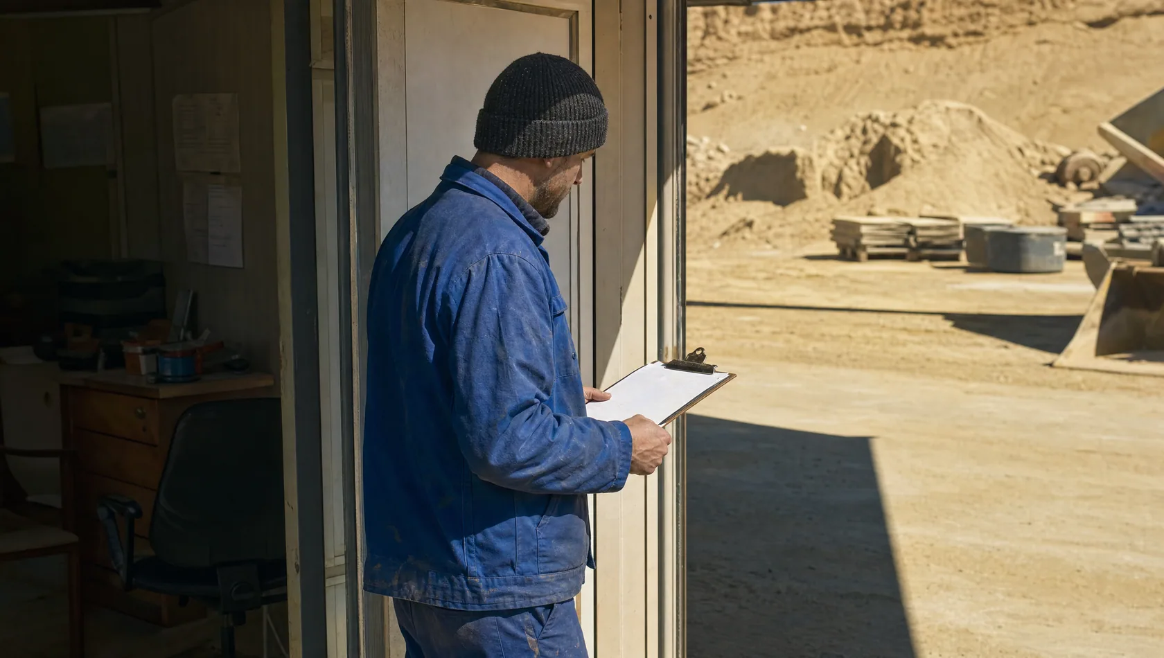 One person in a yard office doorway holding a clipboard, hard sun outside and deep shade inside, seen from the side.