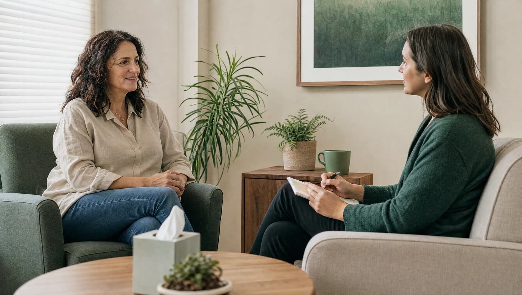 A woman and a counselor talking at a follow-up appointment in a bright office.