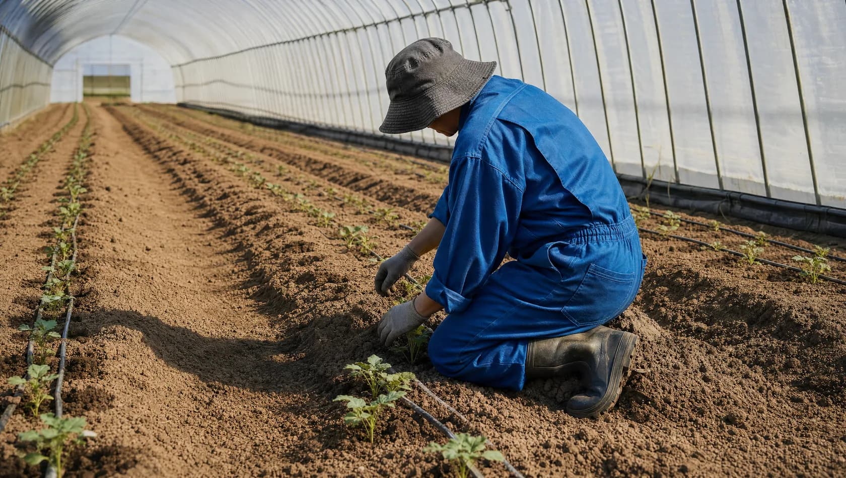 One person tending a long polytunnel row in hard midday light, strong shadow bands falling across the soil.