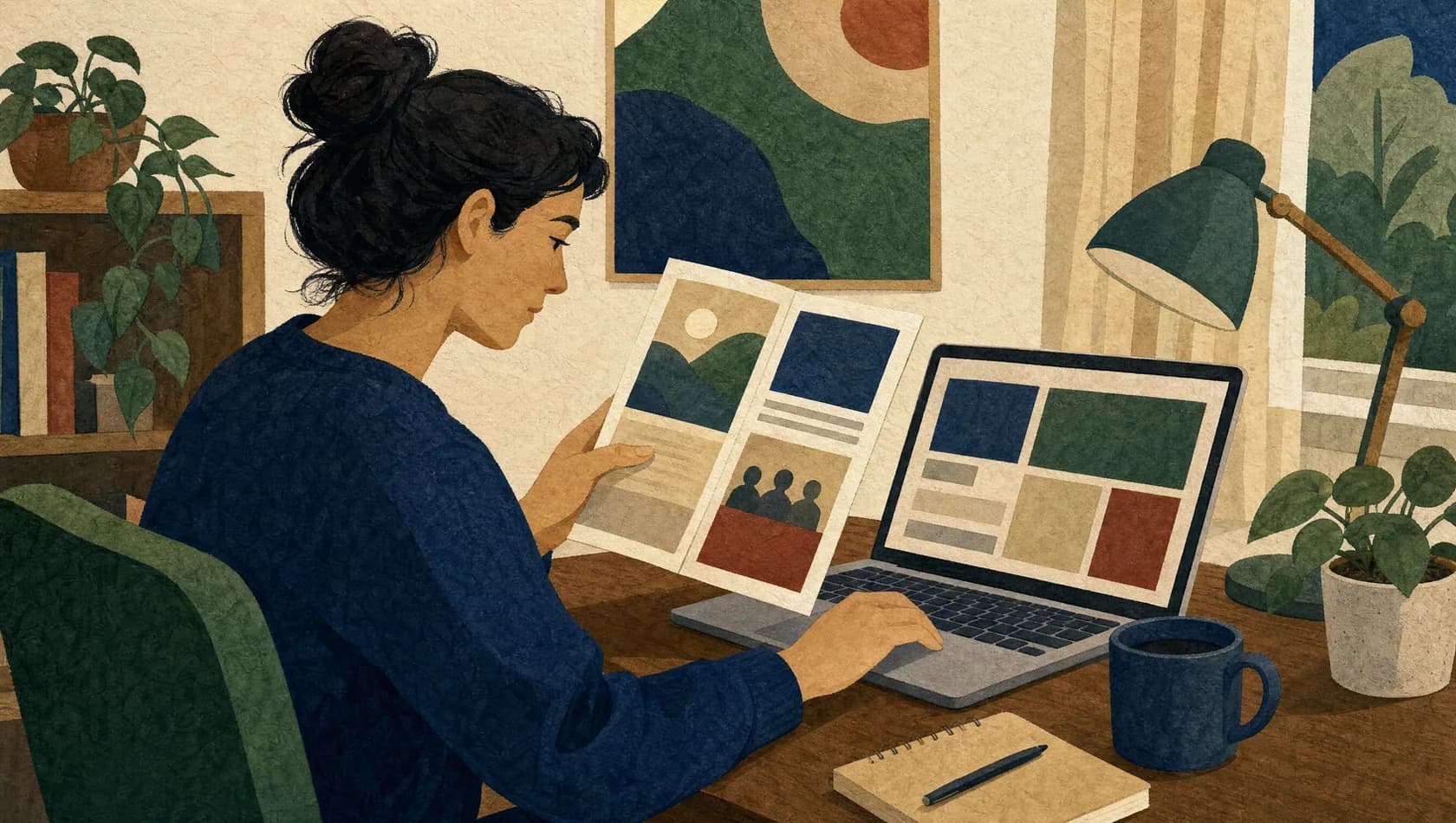 Illustration of a person checking a program's details on a laptop beside a brochure.