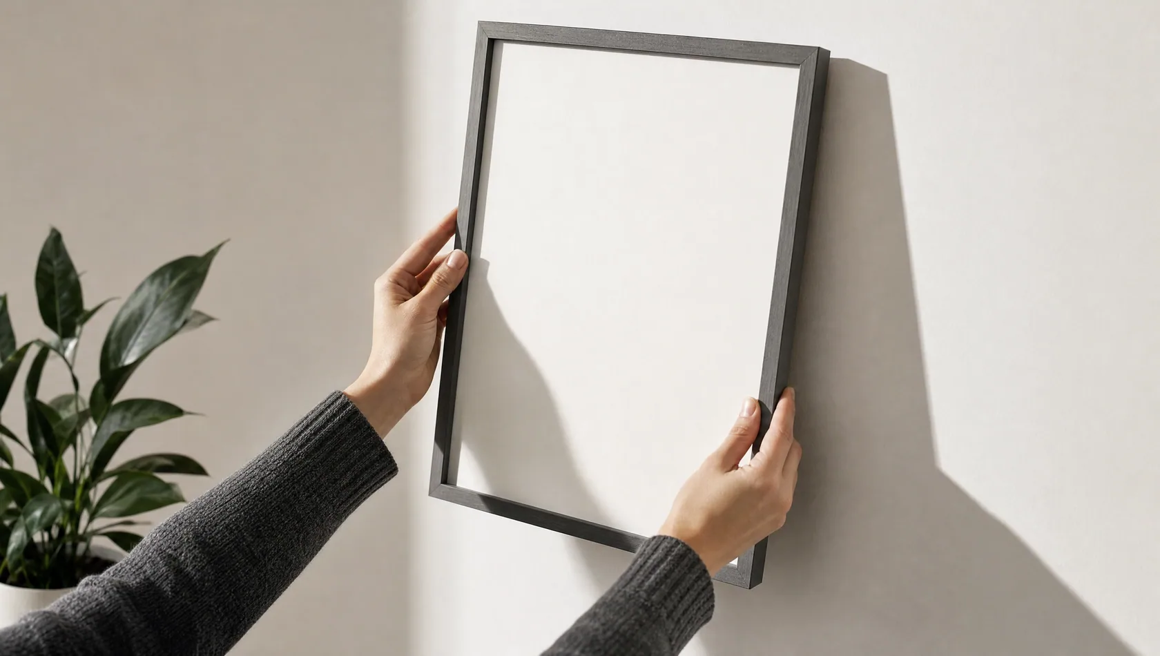 Close up: a hand tilting a plain unmarked frame on a wall to catch the light, no face, flat daylight.