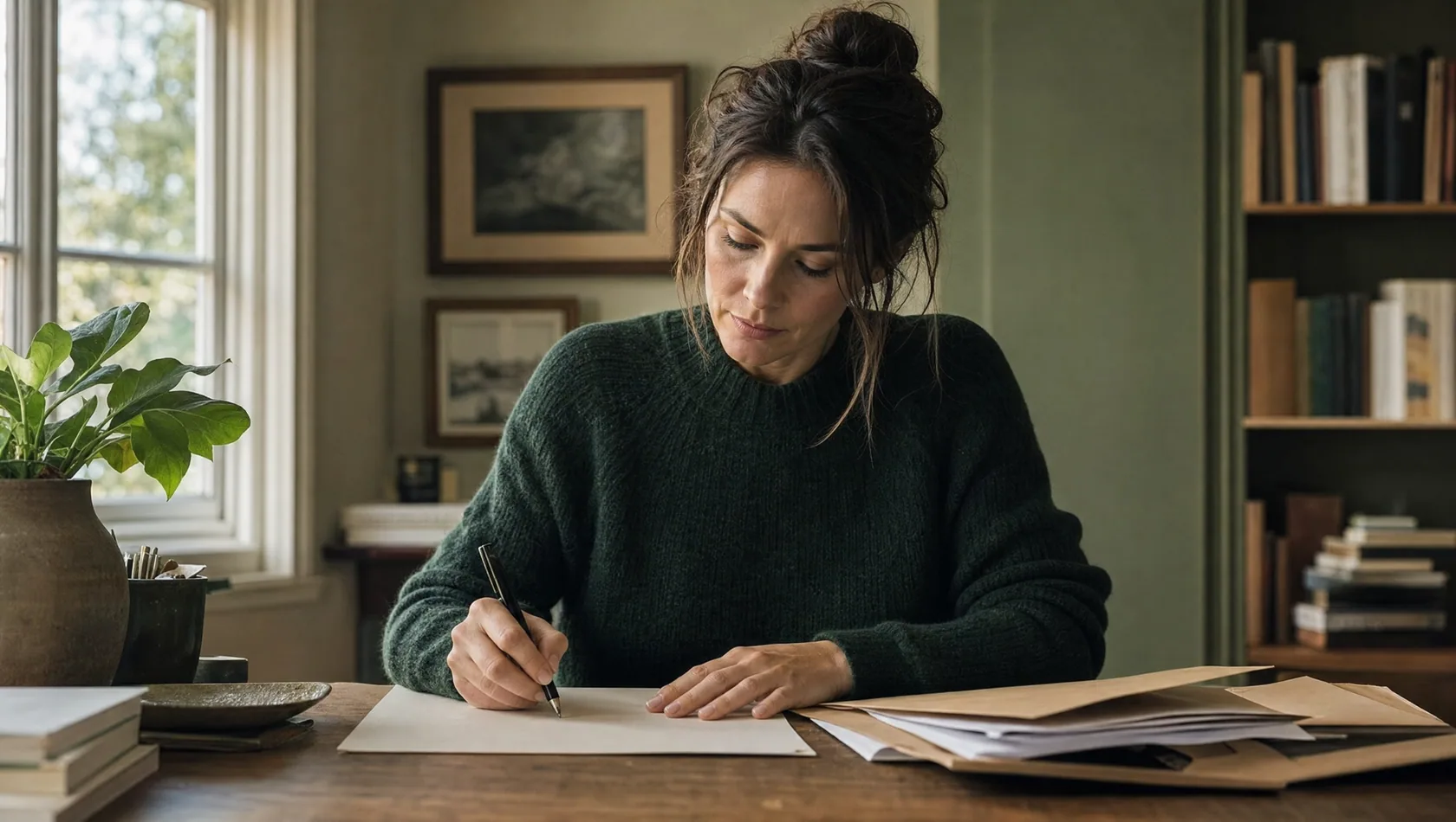 A woman writing a detailed letter at her desk with papers beside her.