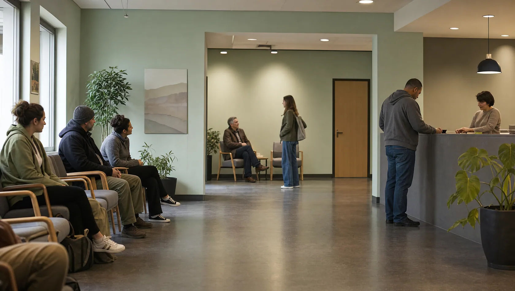 A civic reception hall at middle distance: a few people waiting on a row of chairs, a plain counter to one side, no face dominant.