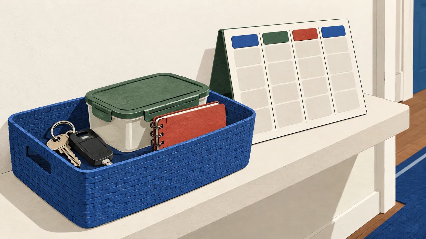 Keys, lunch and a notebook gathered beside a flexible day planner.