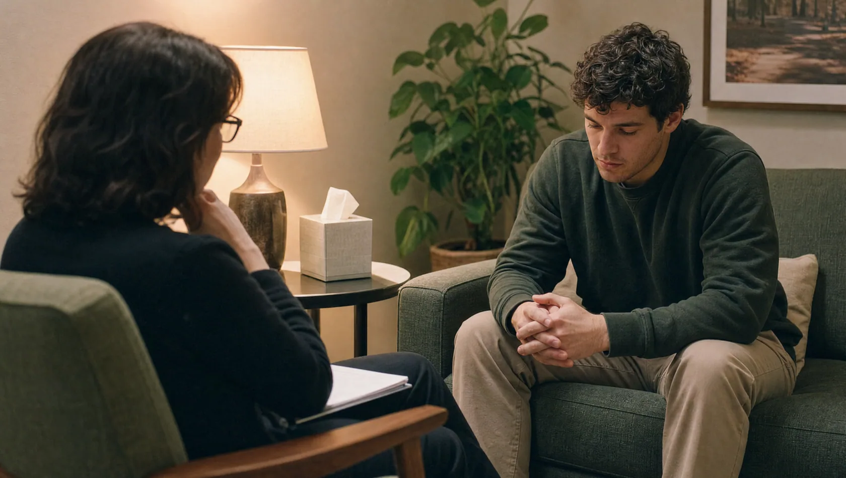 A therapist listening to a young man in a quiet counseling room.