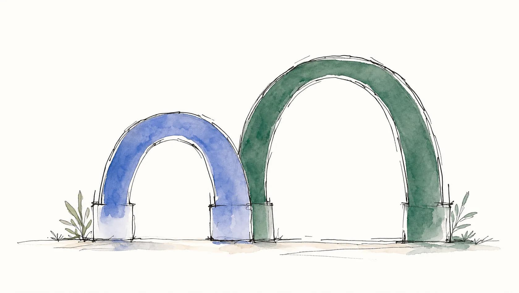 An ink-and-wash drawing: two loosely drawn arches side by side, the first short and washed blue, the second long and washed green.
