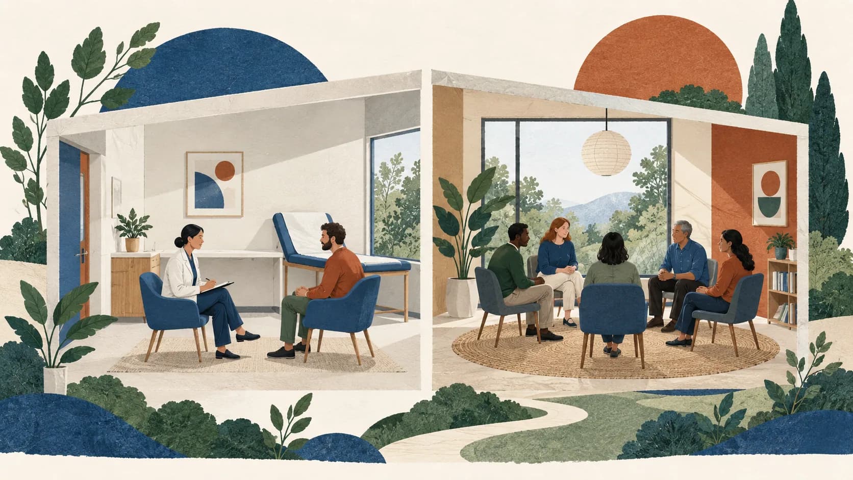 Separate spaces for a clinical consultation and a group discussion.
