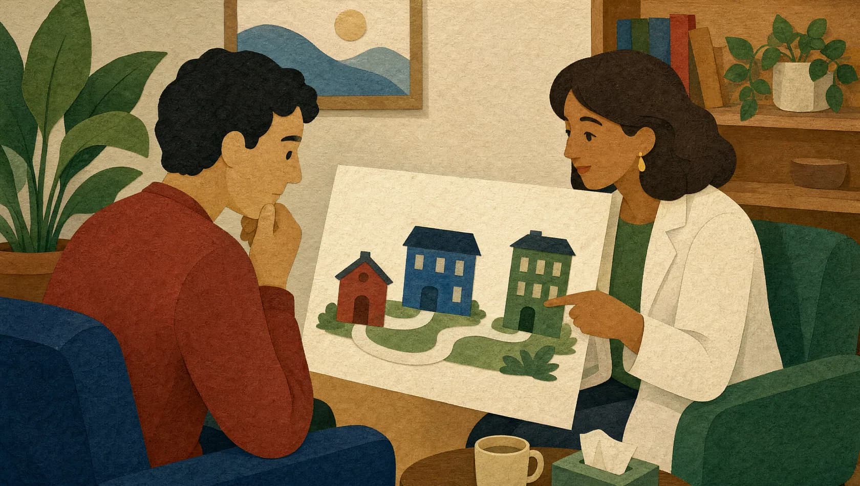 Illustration of a person and a clinician discussing three connected care settings drawn as simple buildings.