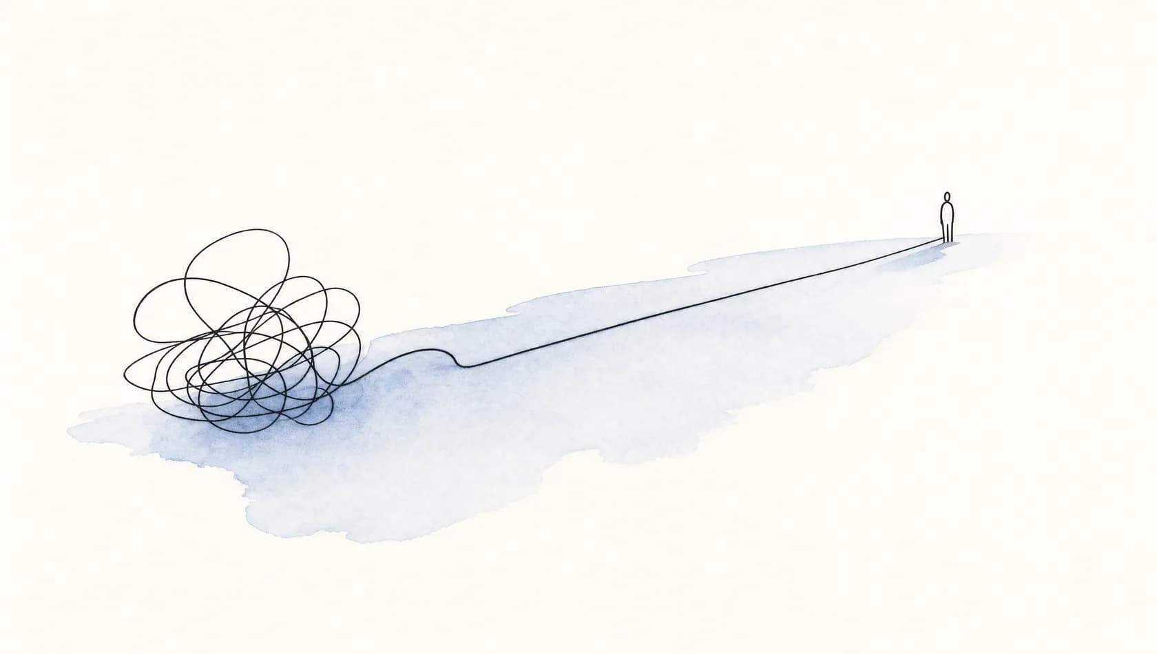 An ink-and-wash drawing: a loose line that begins as a tangle and resolves into a straight path, one pale blue wash beneath it.