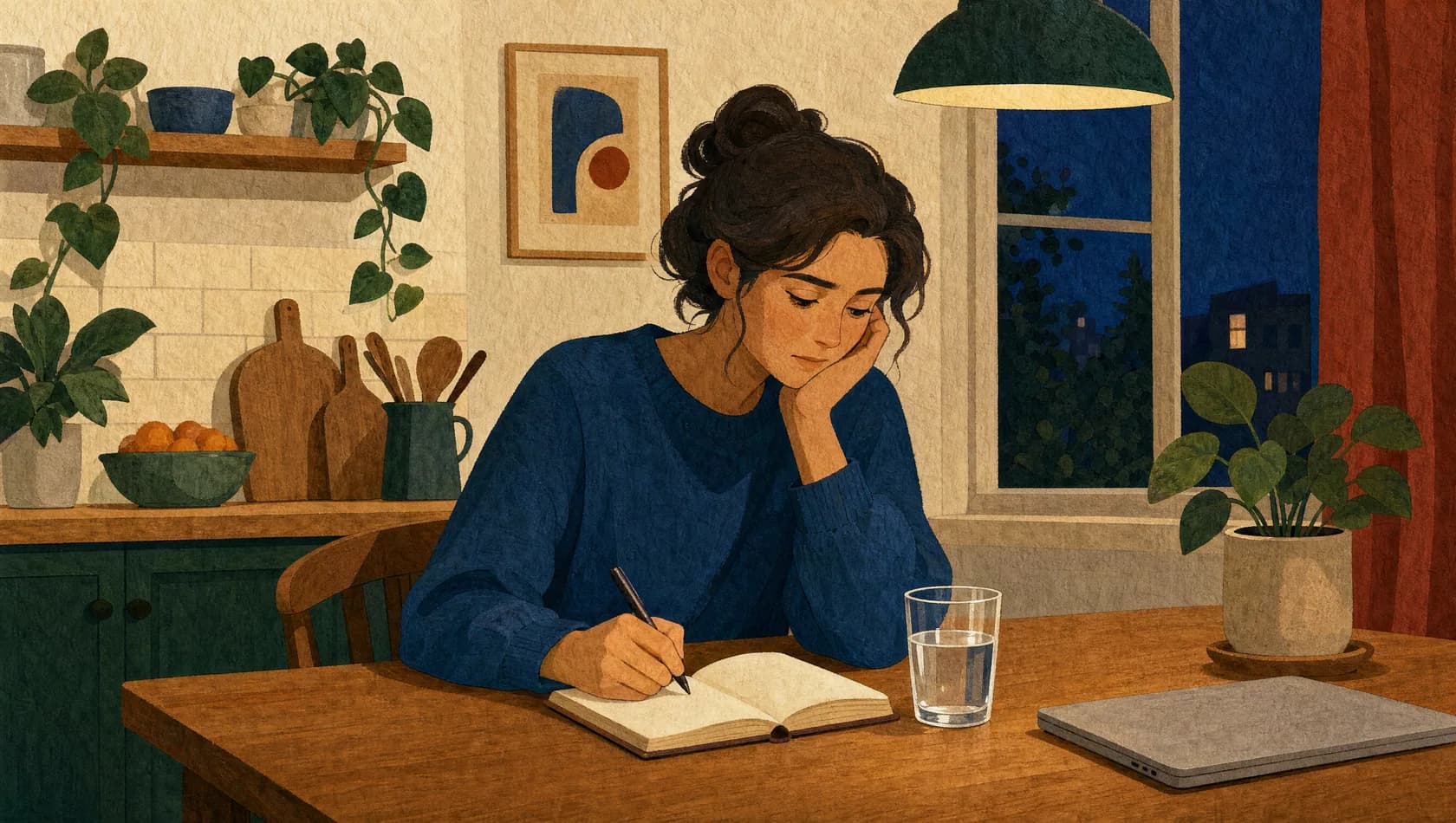 Illustration of an adult at a kitchen table thinking over a few notes in a notebook.