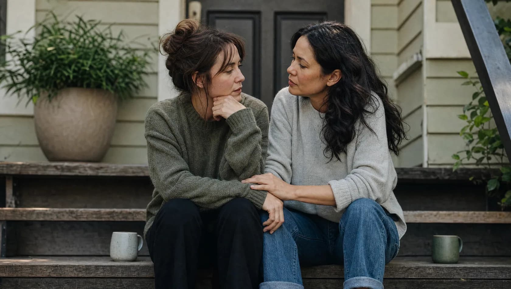 A woman talking with a friend on the steps of a house in the early morning.