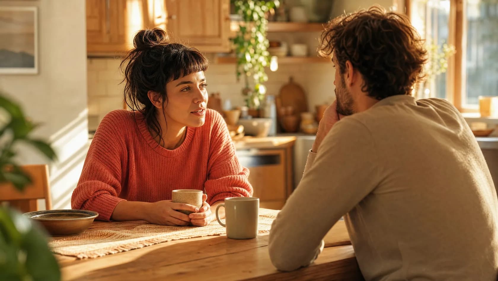 Two adults at a kitchen table in late-afternoon sun, mugs between them, one leaning back listening, warm wood and sand tones.