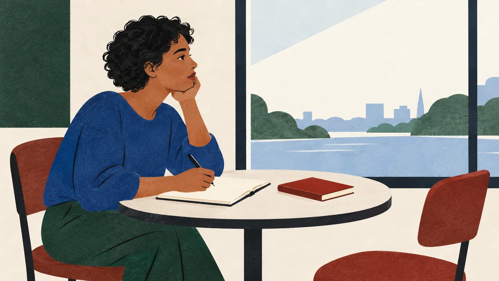 A person considering their own questions in a notebook at a quiet café.