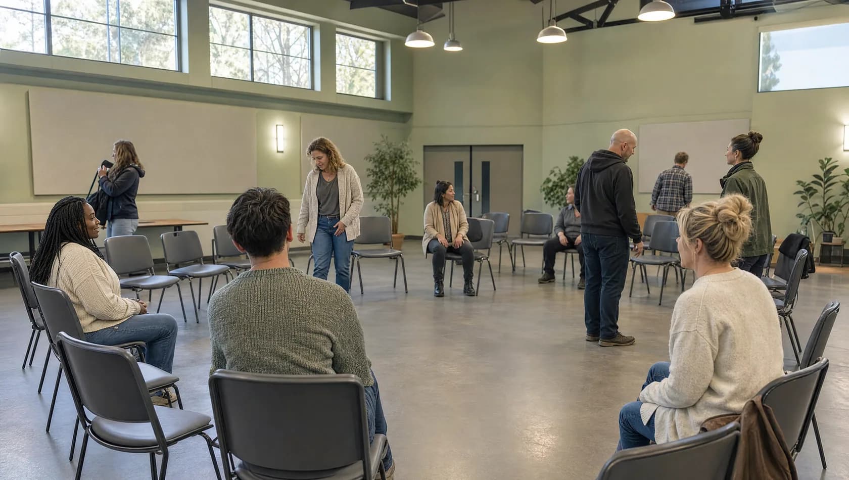 A community centre meeting room with a ring of chairs half filled, people settling in, daylight from high windows.