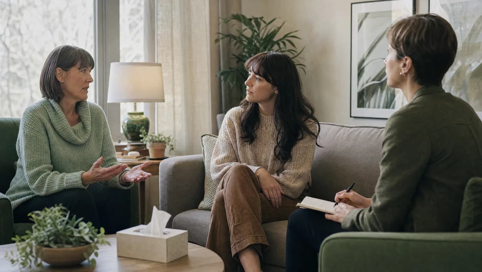 A counselor with an adult and her mother during a family session.