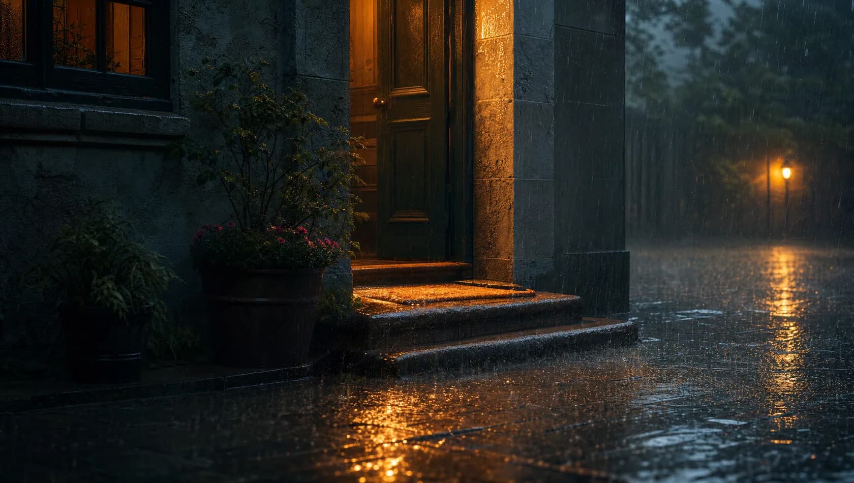 A doorway sheltering from heavy rain with wet pavement shining and warm light from inside falling across the step, no people.