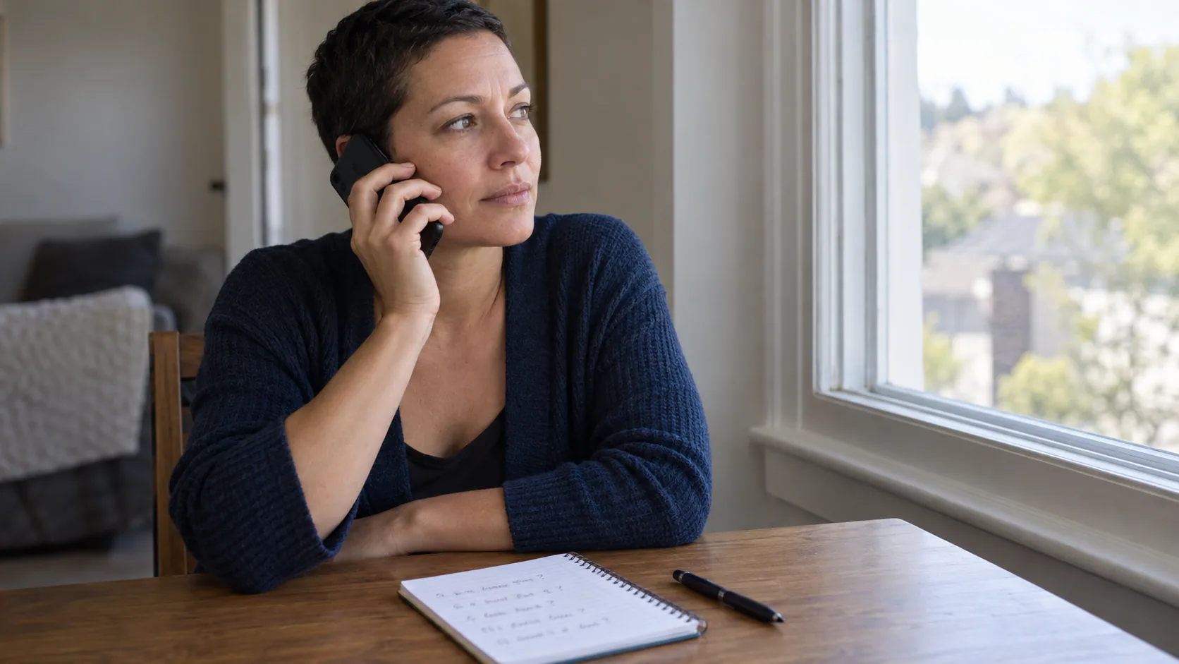 A person making a first information call with a question list.