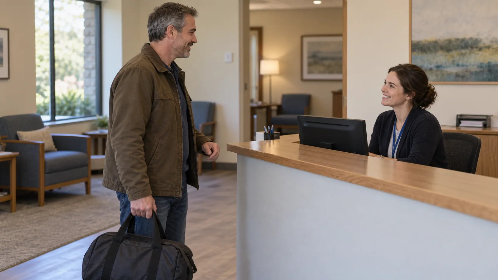 A person with a small bag being welcomed at treatment reception.