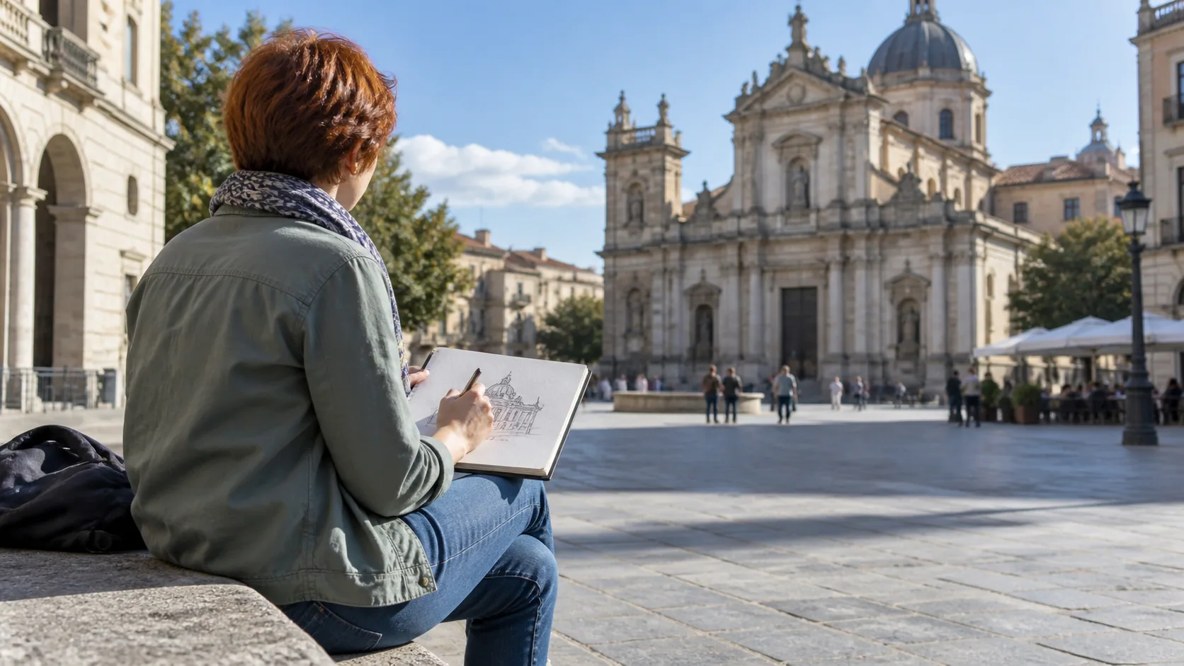 An adult sketching a building during a relaxed afternoon in a public square.