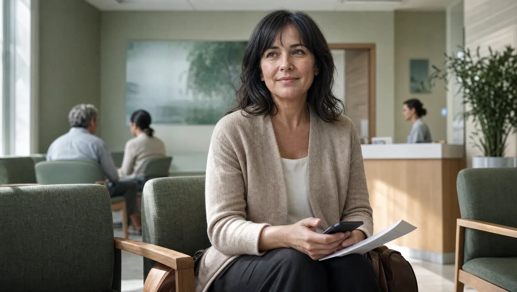 A woman waiting in a clinic lobby before an appointment.