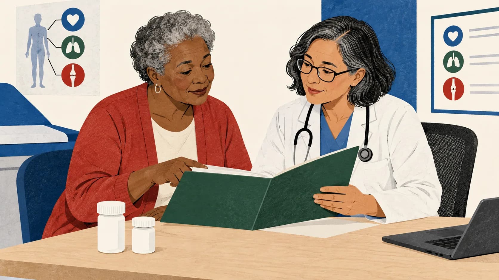 A patient and clinician reviewing an existing care folder together.