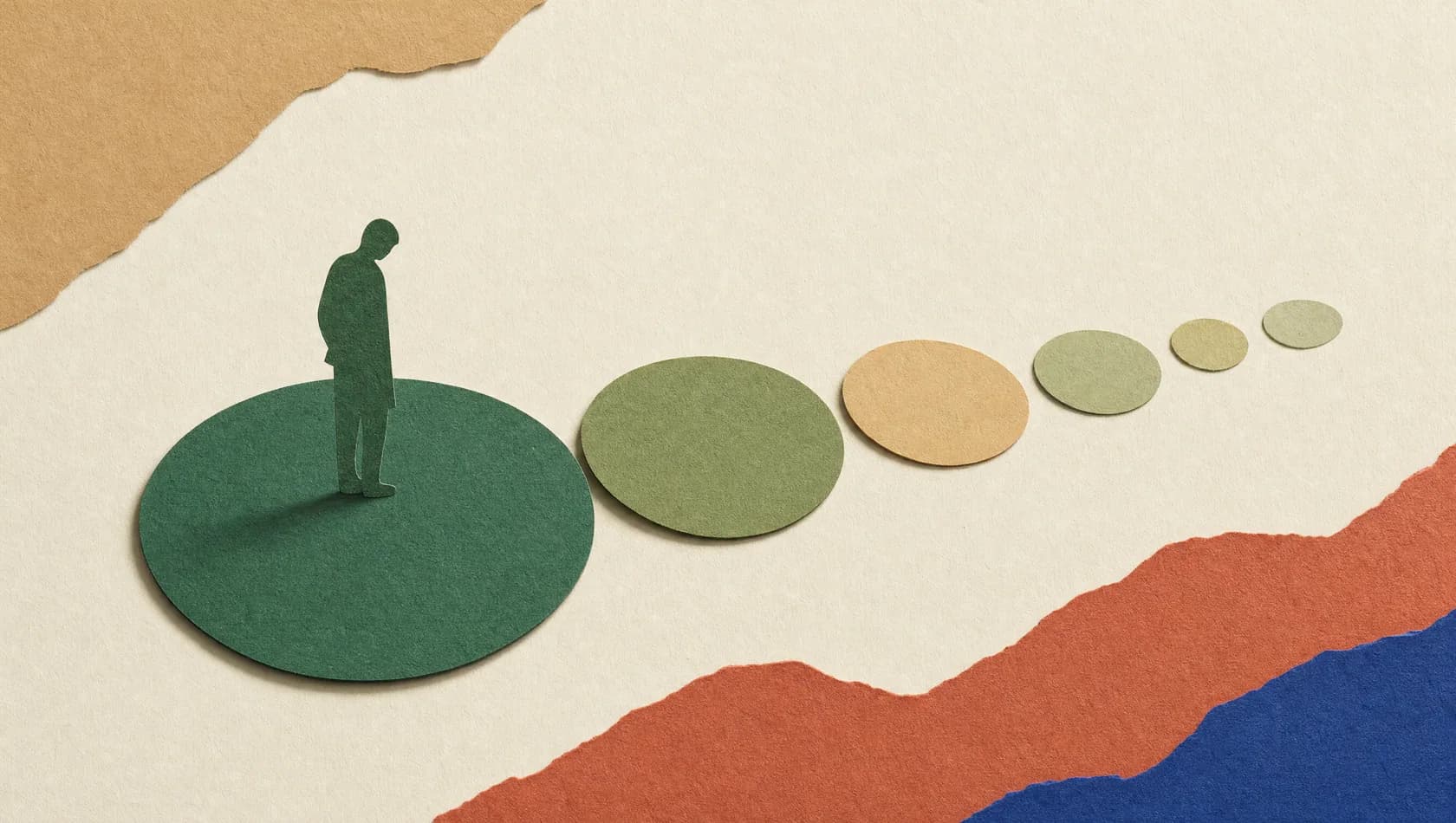 A paper-cut illustration: a row of seven paper discs of decreasing size laid along a cream ground, the last few faded rather than cut away, forest green and sand.