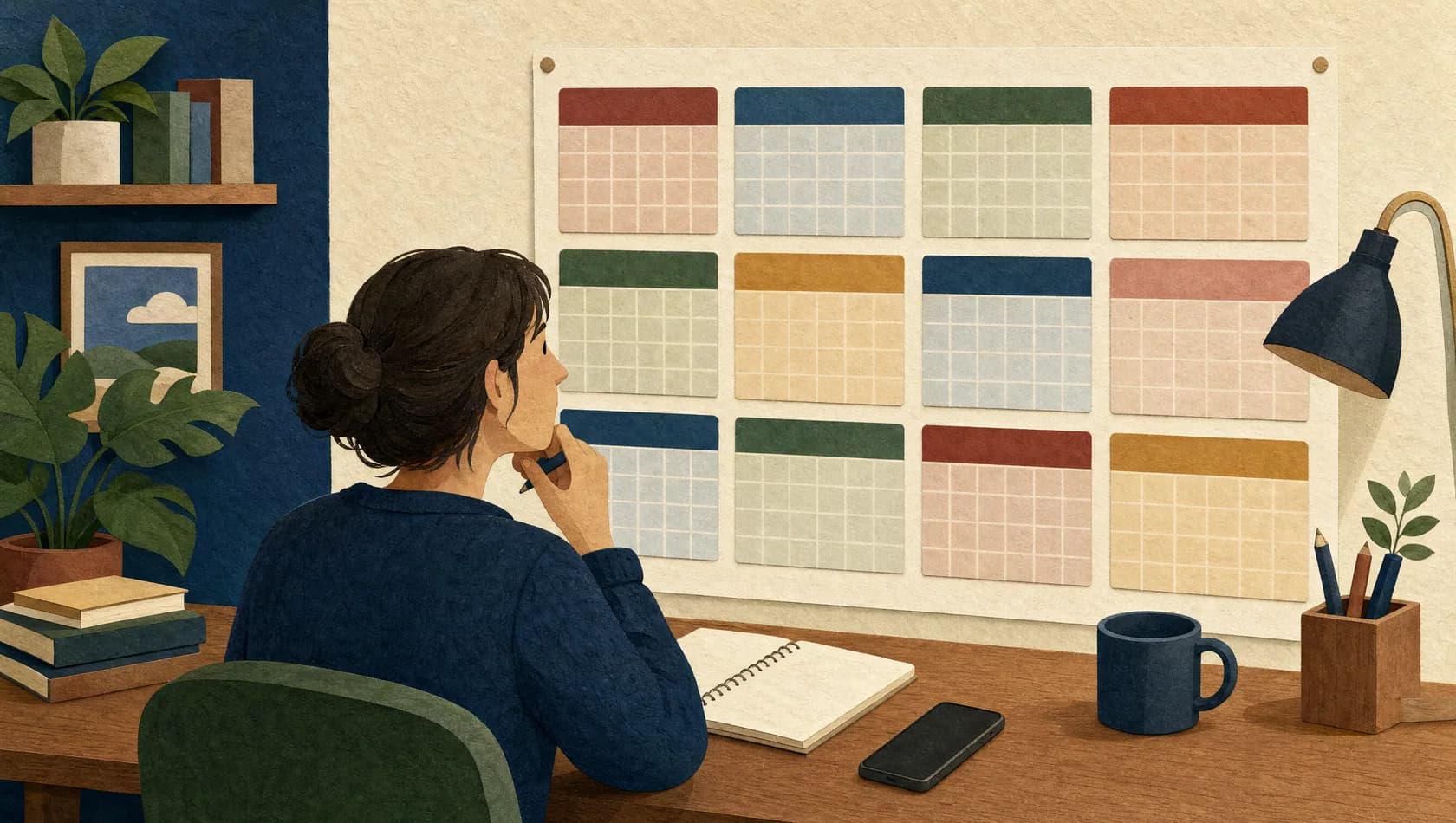 Illustration of a person planning ahead beside a wall calendar of colored blocks.
