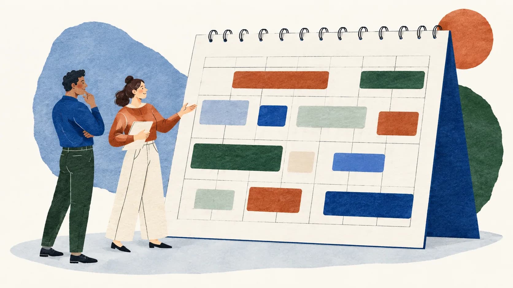 Two people discussing flexible appointment blocks on a calendar.