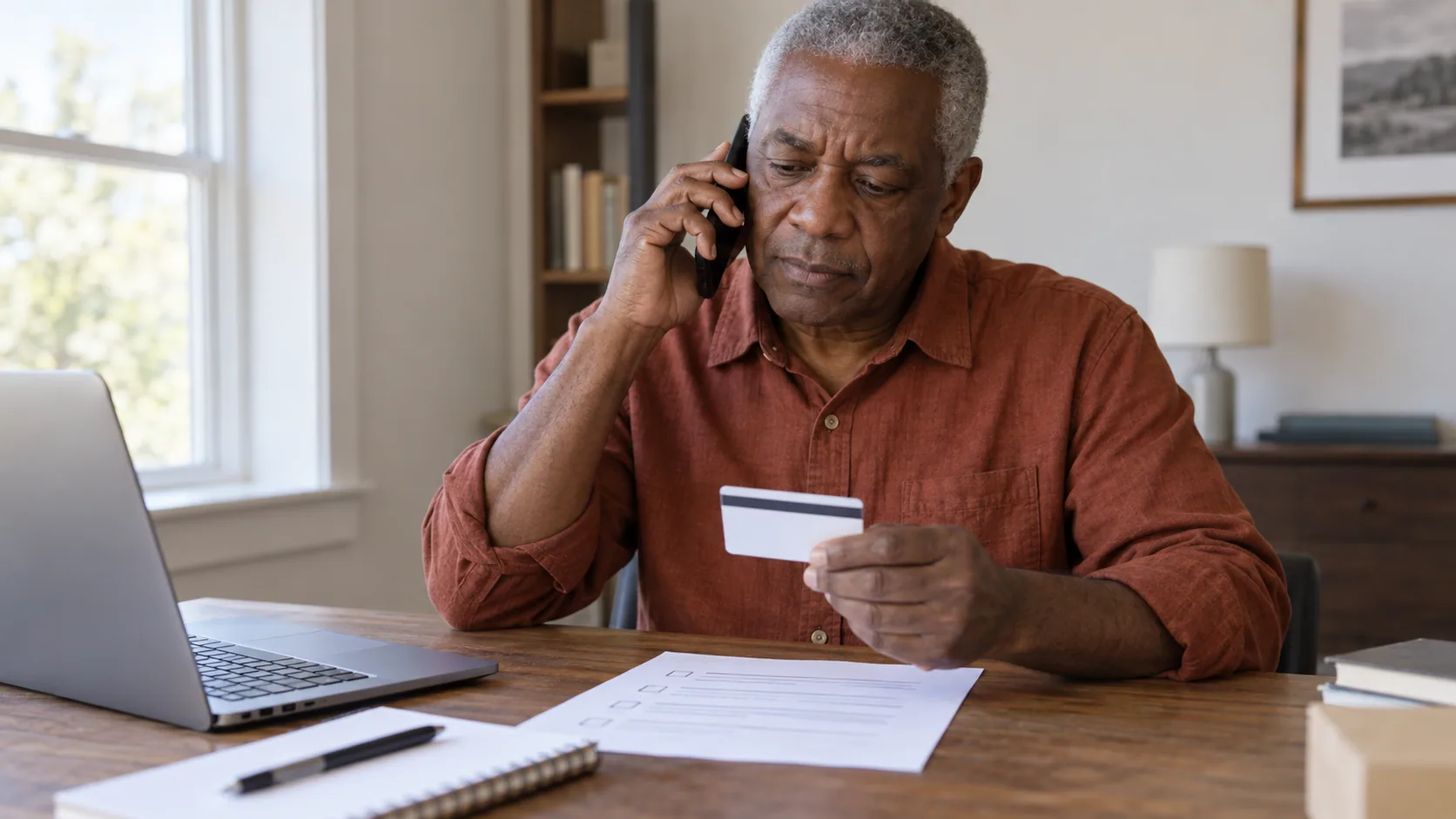 A person calling about insurance coverage with a card and question sheet.