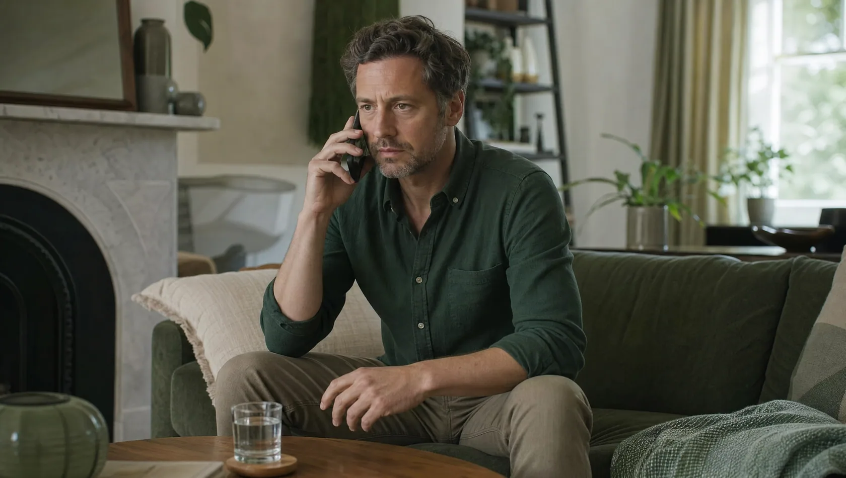 A man sitting forward on his sofa during a phone call in daylight.